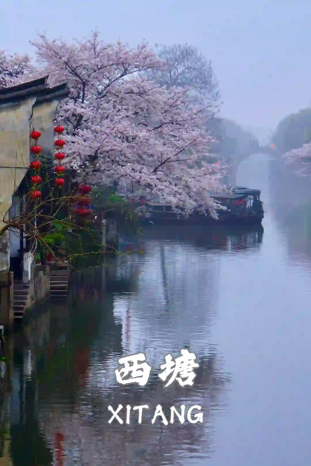 Xitang water town canal with mist, trees, and old riverside houses