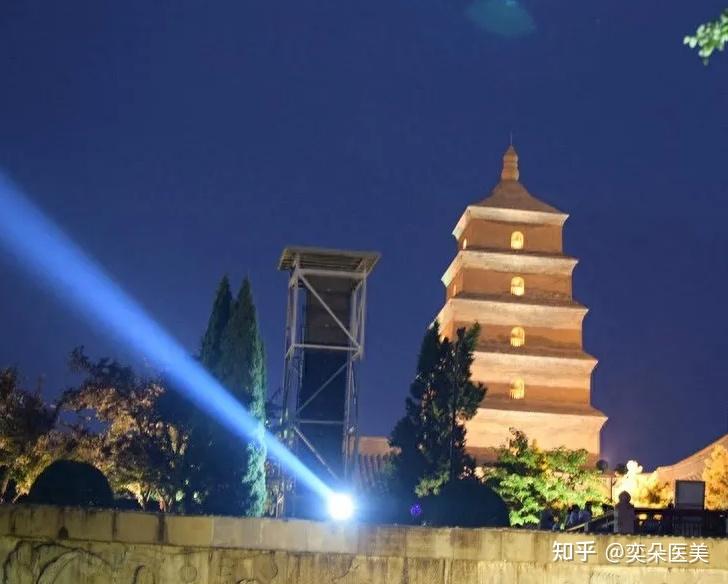 Small Wild Goose Pagoda illuminated at night inside the Xi’an Museum grounds